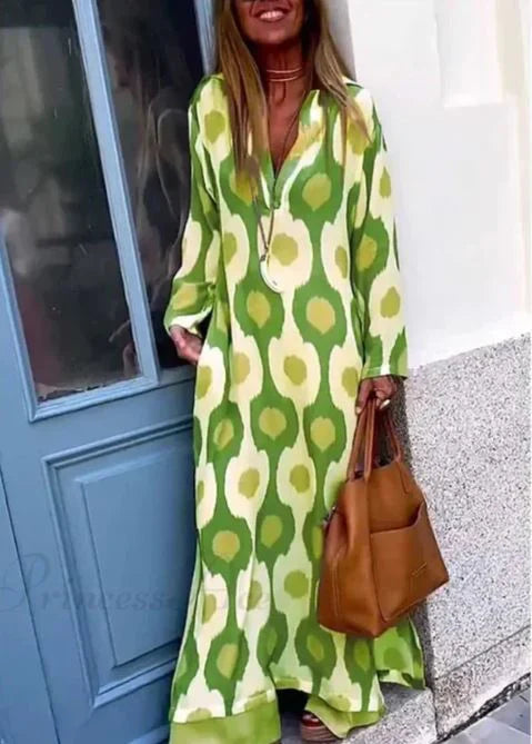 Vestido Boho de Cuello en V con Estampado Geométrico y Abertura
