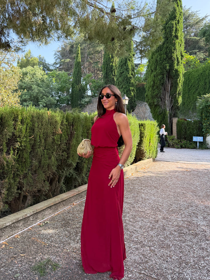Vestido halter cintura drapeado burdeos