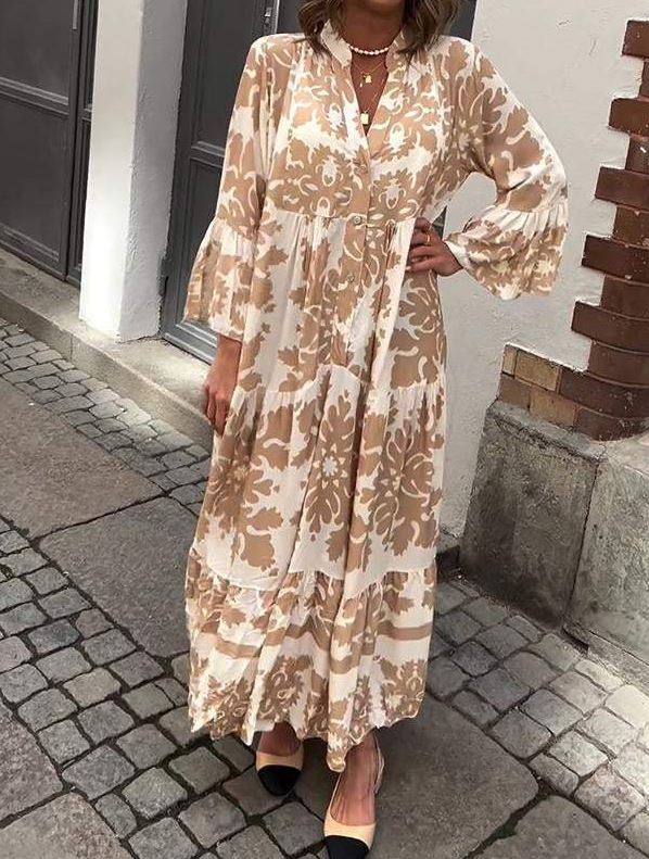 Vestido Maxi con Escote en V y Manga 3/4 Atractivo