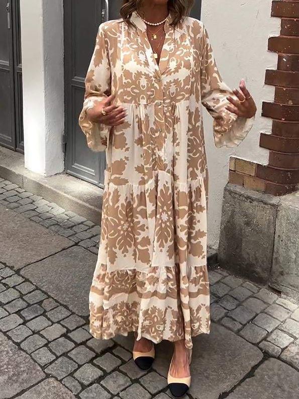 Vestido Maxi con Escote en V y Manga 3/4 Atractivo