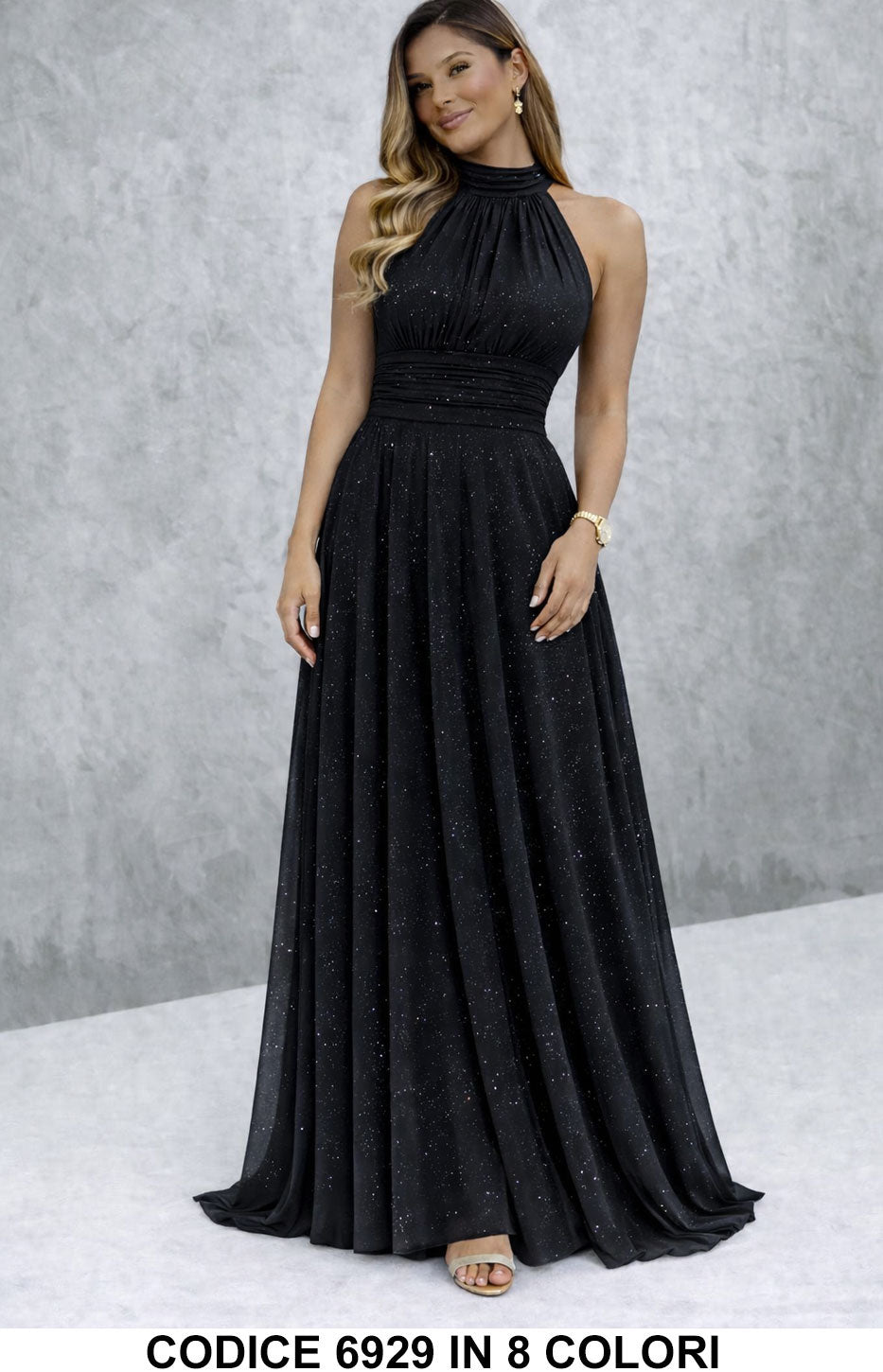 Paula / Vestido largo elegante con lentejuelas con escote americano