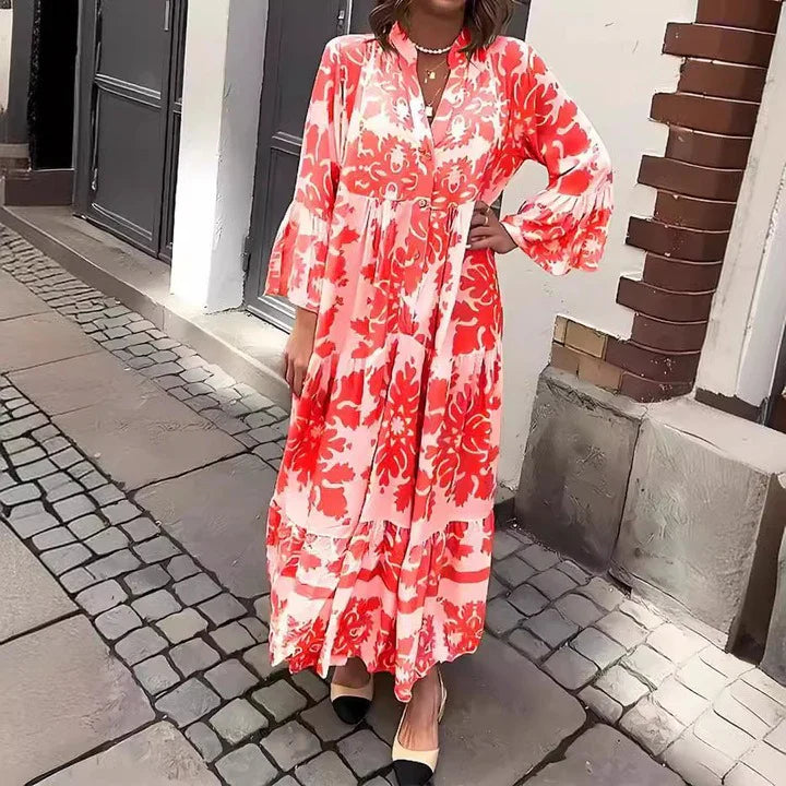 Vestido Maxi con Escote en V y Manga 3/4 Atractivo