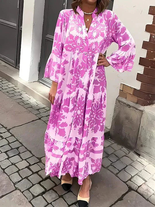 Vestido Maxi con Escote en V y Manga 3/4 Atractivo