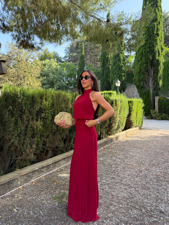 Vestido halter cintura drapeado burdeos