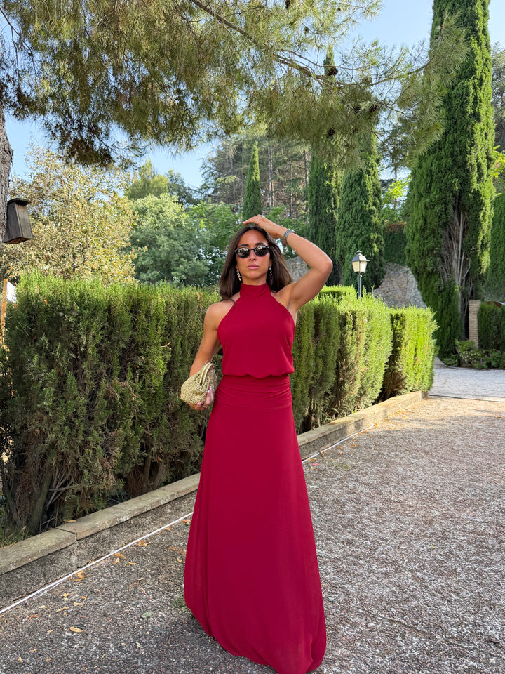 Vestido halter cintura drapeado burdeos