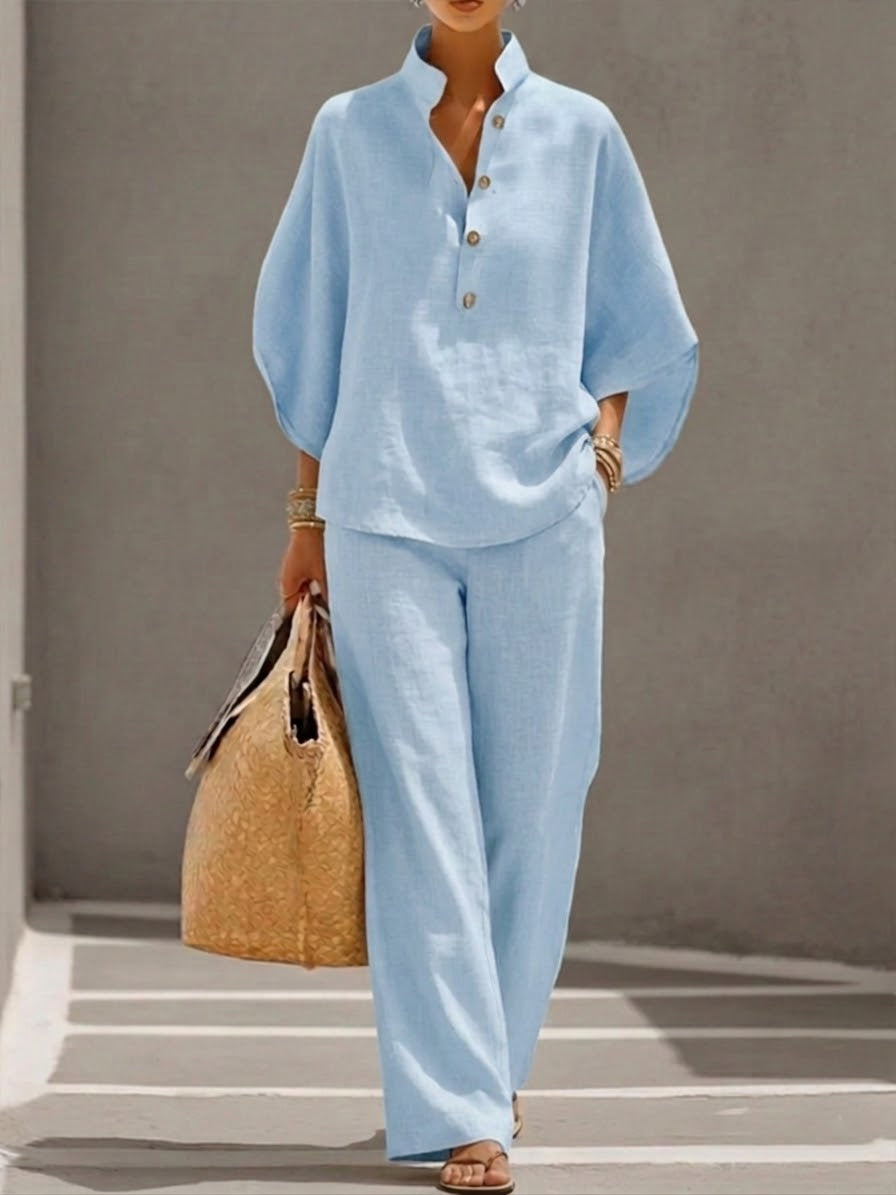 Irene | Conjunto de Algodón Lino con Mangas Murciélago y Pantalón Ancho