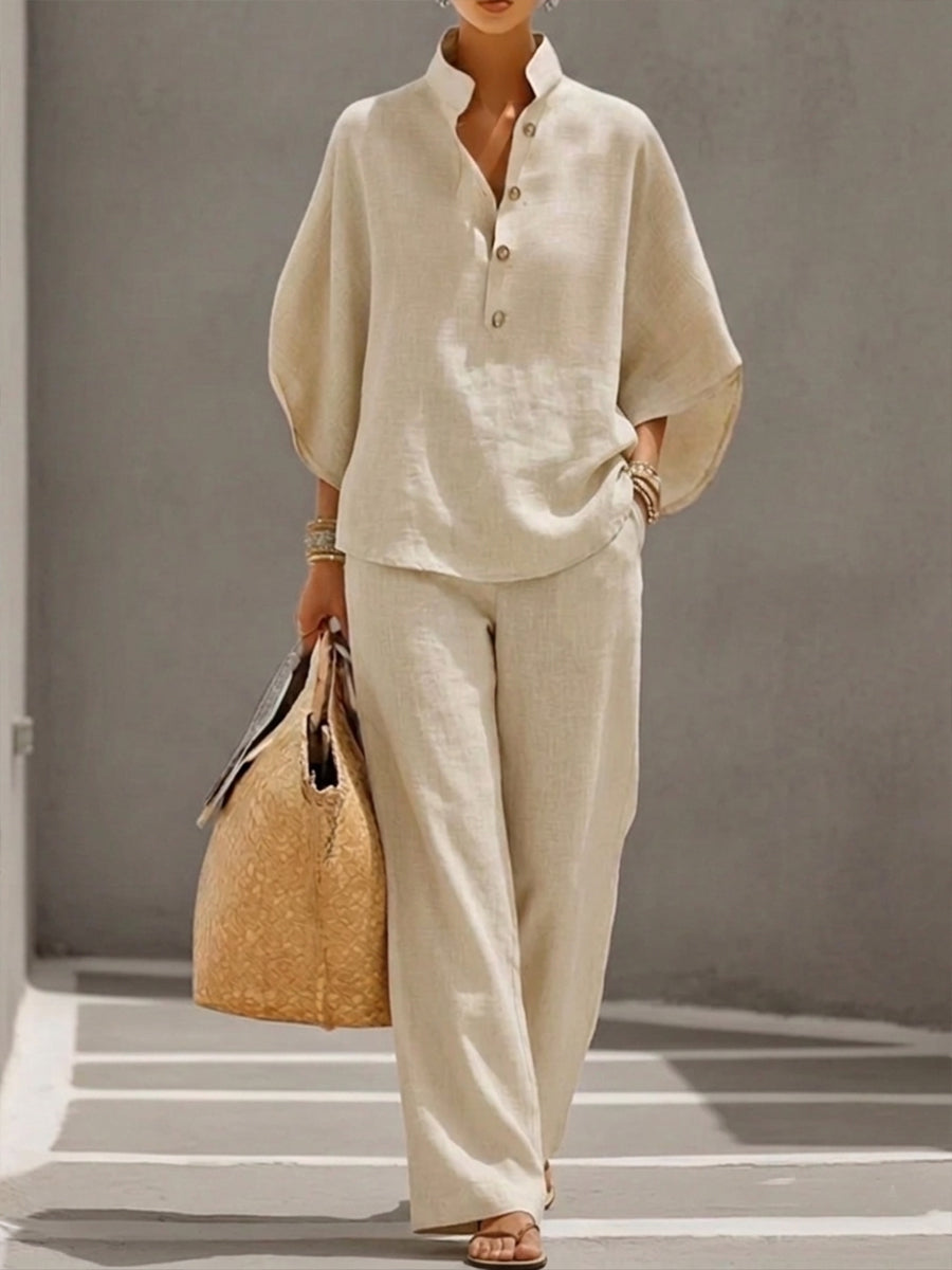 Irene | Conjunto de Algodón Lino con Mangas Murciélago y Pantalón Ancho