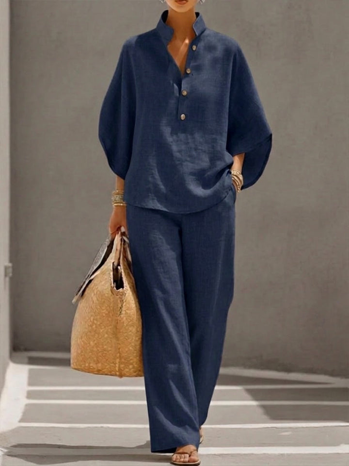 Irene | Conjunto de Algodón Lino con Mangas Murciélago y Pantalón Ancho