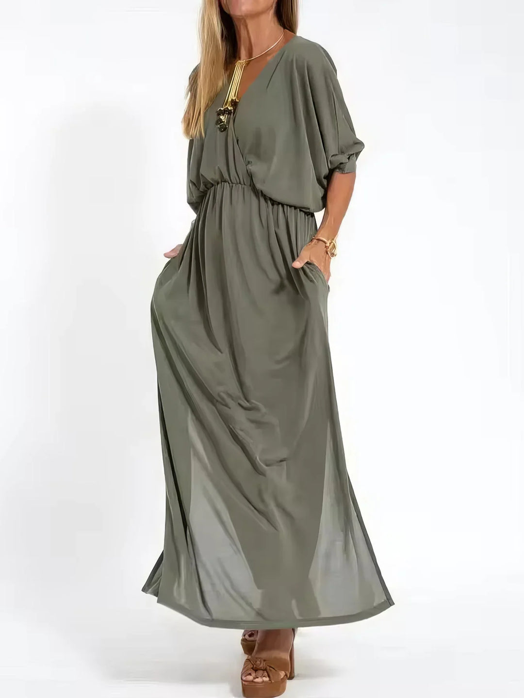Vestido Largo Vintage con Cuello en V y Cintura Alta
