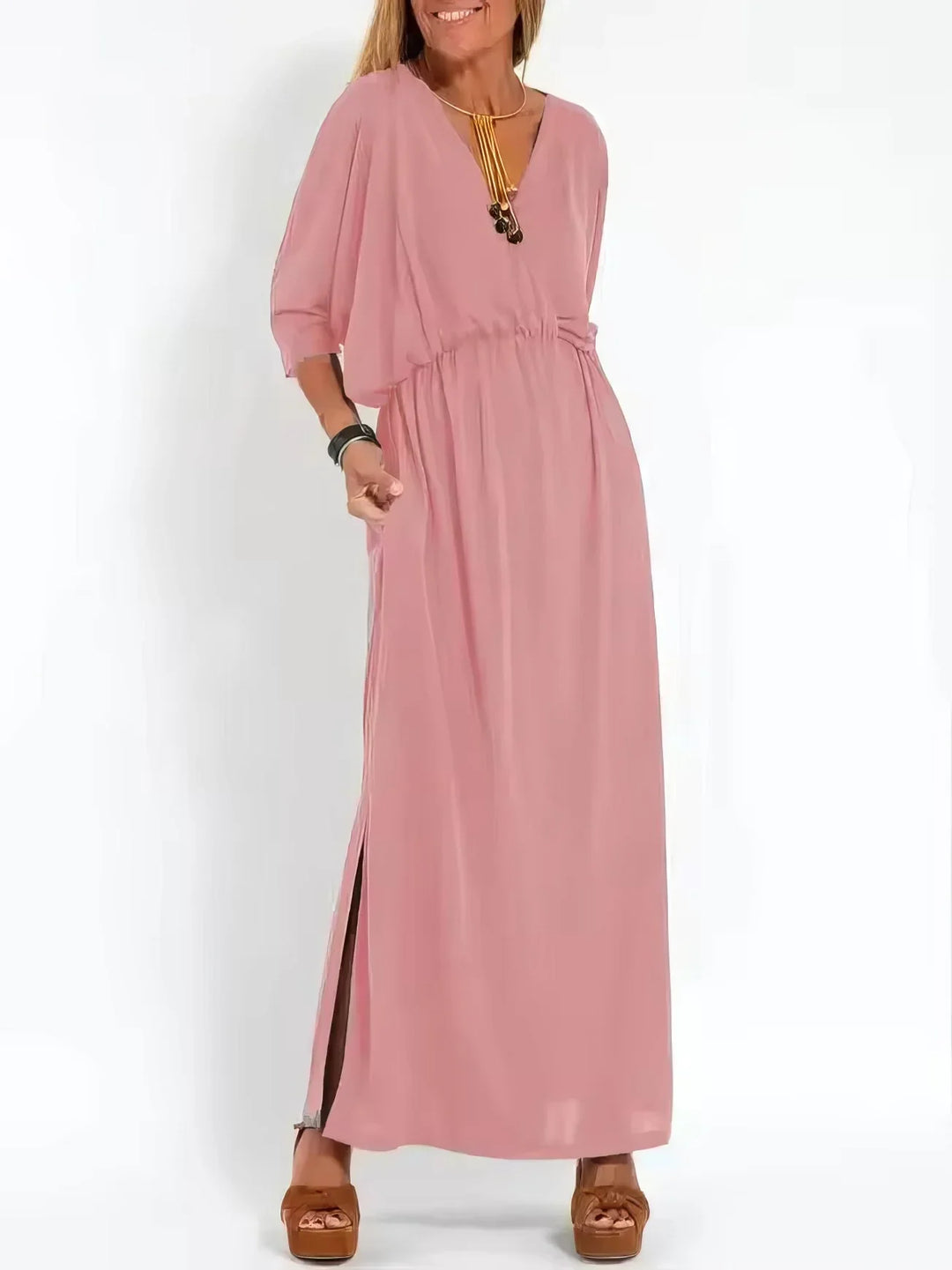 Vestido Largo Vintage con Cuello en V y Cintura Alta